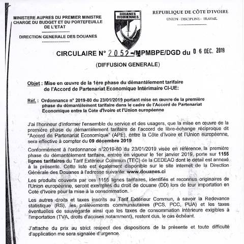 Aperçu du document Circulaires demantelement tarifaire APEI phase1 2019 — APEI (accord de partenariat économique), Côte d'Ivoire