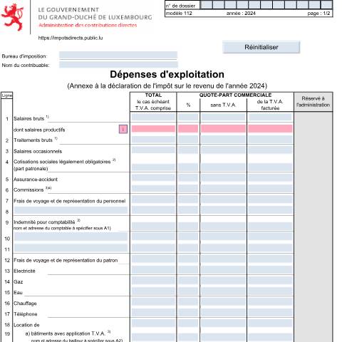 Aperçu du document Dépenses d'exploitation — Annexes et bonifications d'impôt, Luxembourg (CERFA n°112)
