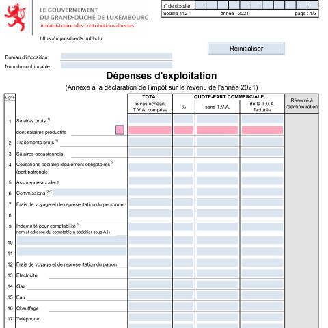 Aperçu du document Dépenses d'exploitation — Annexes et bonifications d'impôt, Luxembourg (CERFA n°112)