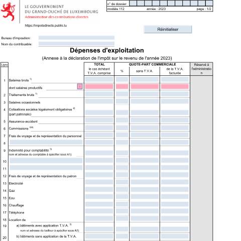 Aperçu du document Dépenses d'exploitation — Annexes et bonifications d'impôt, Luxembourg (CERFA n°112)
