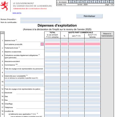 Aperçu du document Dépenses d'exploitation — Annexes et bonifications d'impôt, Luxembourg (CERFA n°112)