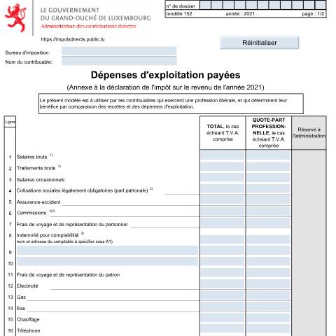 Aperçu du document Dépenses d’exploitation payées (professions libérales) — Annexes, Luxembourg (CERFA n°152)