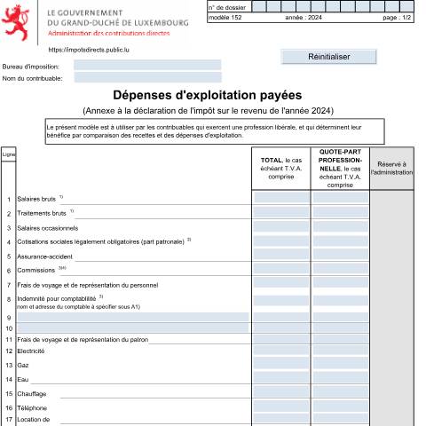 Aperçu du document Dépenses d’exploitation payées (professions libérales) — Annexes, Luxembourg (CERFA n°152)