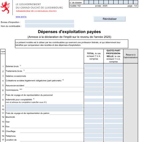 Aperçu du document Dépenses d’exploitation payées (professions libérales) — Annexes, Luxembourg (CERFA n°152)