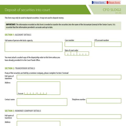 Document preview: Court funds: deposit securities into an account — Ministry of Justice, United Kingdom