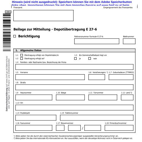 Dokumentvorschau: E27-6a — Beilage zur Mitteilung - Depotübertragung E 27-6 (Depotinhaber/in) — Steuern, Österreich (CERFA n°E27-6a)