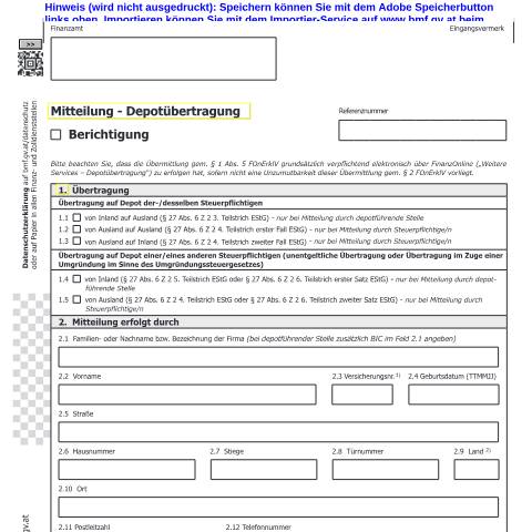 Dokumentvorschau: E27-6 — Mitteilung - Depotübertragung — Steuern, Österreich (CERFA n°E27-6)