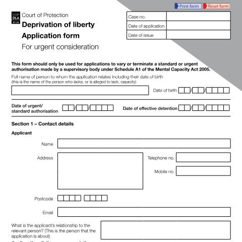 Document preview: Form COP DLA: Deprivation of liberty application form - For urgent consideration — HM Courts & Tribunals Service, United Kingdom
