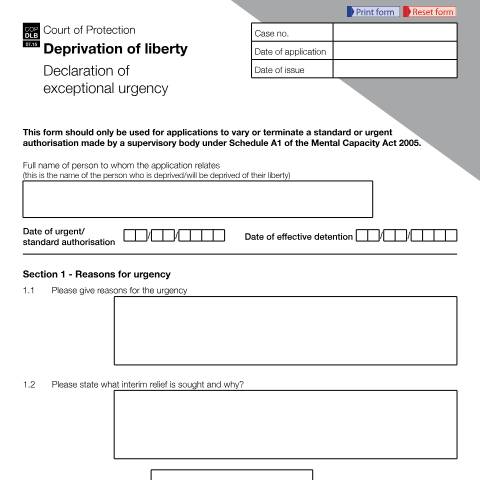 Document preview: Form COP DLB: Deprivation of liberty - Declaration of exceptional urgency — HM Courts & Tribunals Service, United Kingdom