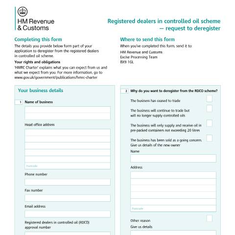 Document preview: Deregister from the Registered Dealers in Controlled Oil Scheme — HM Revenue & Customs, United Kingdom
