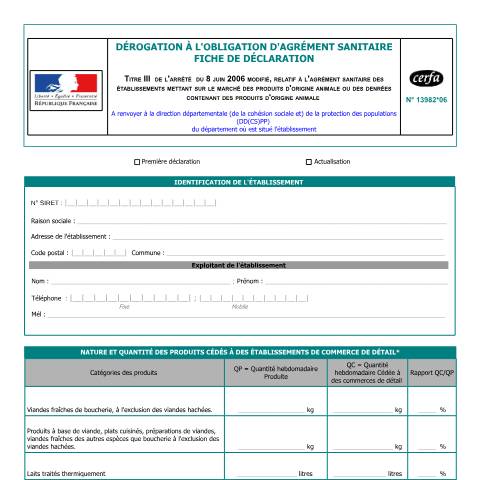 Aperçu du document Dérogation à l'obligation d'agrément sanitaire — Professionnels, France (CERFA n°13982*06)