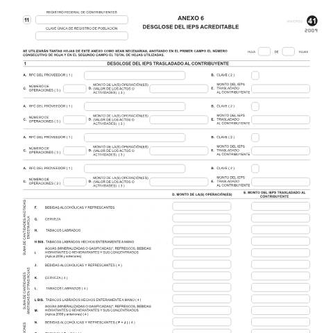 Vista previa del documento Desglose del IEPS acreditable. Esta forma es de libre impresión. — Código Fiscal de la Federación (CFF), México (CERFA n°Anexo 6 de la forma oficial 41)