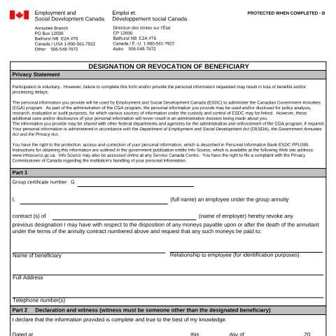 Document preview: Designation / Revocation of Beneficiary — Government Annuities, Canada (CERFA n°NAS2920)