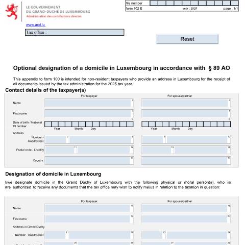 Aperçu du document Optional designation of a domicile in Luxembourg in accordance with §89 AO — Annexes, Luxembourg (CERFA n°102 E)