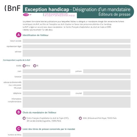Aperçu du document Exception handicap - Désignation d'un mandataire - Éditeurs de presse — Professionnels, France (CERFA n°14975*01)