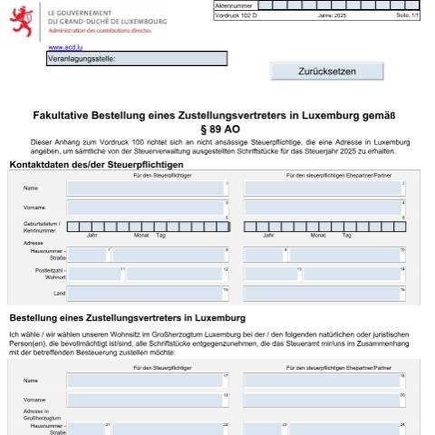Aperçu du document Fakultative Bestellung eines Zustellungsvertreters in Luxemburg gemäß §89 AO — Annexes, Luxembourg (CERFA n°102 D)
