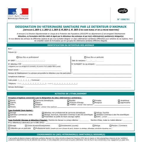 Aperçu du document Désignation du vétérinaire sanitaire par le détenteur d'animaux — Particuliers, France (CERFA n°15983)