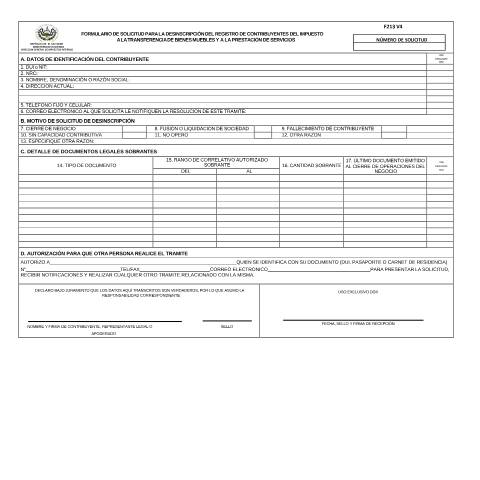 Vista previa del documento F-213v4 Desinscripción IVA — Formulario tributario, El Salvador (CERFA n°F-213-V4)