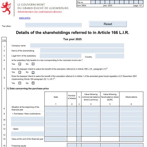 Aperçu du document Appendix: "Details of the shareholdings referred to in Article 166 LIR" — Annexes, Luxembourg (CERFA n°506 A)