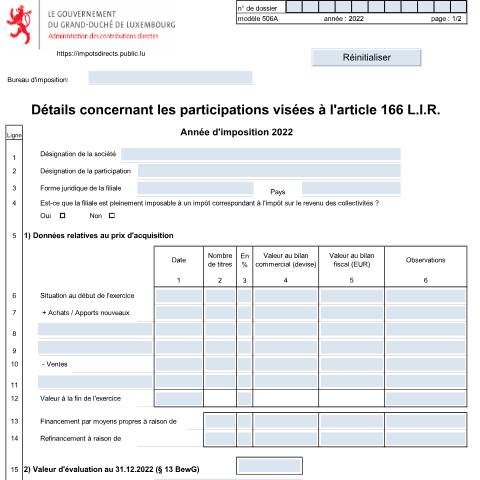 Aperçu du document Annexe: "Détails concernant les participations visées à l'art. 166 LIR" — Annexes, Luxembourg (CERFA n°506 A)