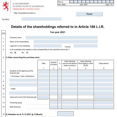 Aperçu du document Annexe: "Détails concernant les participations visées à l'art. 166 LIR" — Annexes, Luxembourg (CERFA n°506 A)