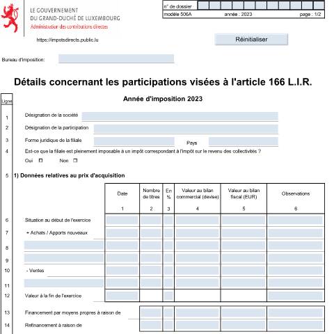 Aperçu du document Annexe: "Détails concernant les participations visées à l'art. 166 LIR" — Annexes, Luxembourg (CERFA n°506 A)