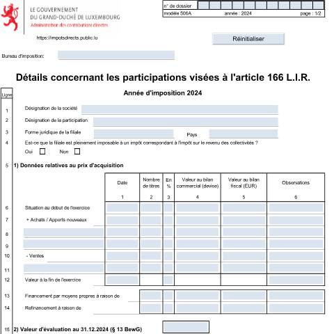 Aperçu du document Annexe: "Détails concernant les participations visées à l'art. 166 LIR" — Annexes, Luxembourg (CERFA n°506 A)