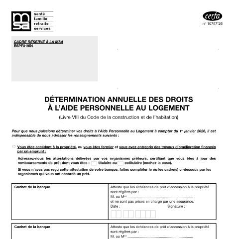 Aperçu du document Détermination annuelle des droits à l'allocation logement (allocataires de la MSA) — Professionnels, France (CERFA n°10757*26)