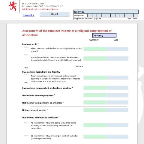 Aperçu du document Détermination du total des revenus nets d'une congrégation et association religieuse Bestimmung der Summe der Nettoeinkünfte einer religiösen Ordensgemeinschaft oder Vereinigung Assessment of the total net income of a religious congregation or association — Déclarations téléchargeables au format PDF (pour les années 2021 à 2025), Luxembourg (CERFA n°care)