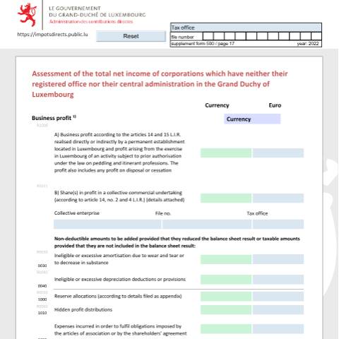 Aperçu du document Détermination du total des revenus nets des organismes à caractère collectif qui n'ont ni leur siège social, ni leur administration centrale au Luxembourg Bestimmung der Summe der Nettoeinkünfte der Körperschaften die weder ihren eingetragenen Sitz, noch ihre Hauptverwaltung in Luxemburg haben Asses — Déclarations téléchargeables au format PDF (pour les années 2021 à 2025), Luxembourg (CERFA n°nrr-e)