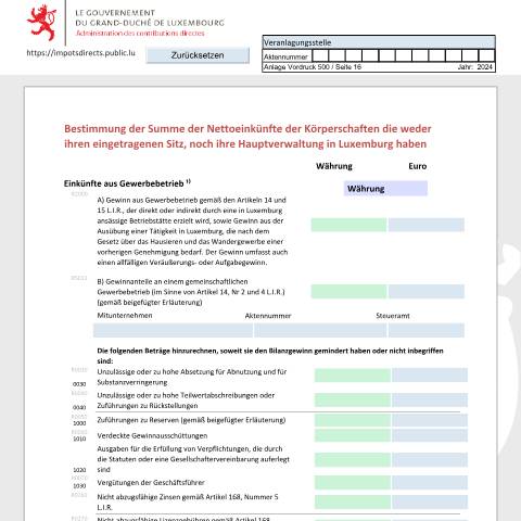 Aperçu du document Détermination du total des revenus nets des organismes à caractère collectif qui n'ont ni leur siège social, ni leur administration centrale au Luxembourg Bestimmung der Summe der Nettoeinkünfte der Körperschaften die weder ihren eingetragenen Sitz, noch ihre Hauptverwaltung in Luxemburg haben Asses — Déclarations téléchargeables au format PDF (pour les années 2021 à 2025), Luxembourg (CERFA n°NRR_D)