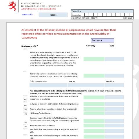 Aperçu du document Détermination du total des revenus nets des organismes à caractère collectif qui n'ont ni leur siège social, ni leur administration centrale au Luxembourg Bestimmung der Summe der Nettoeinkünfte der Körperschaften die weder ihren eingetragenen Sitz, noch ihre Hauptverwaltung in Luxemburg haben Asses — Déclarations téléchargeables au format PDF (pour les années 2021 à 2025), Luxembourg (CERFA n°nrre)