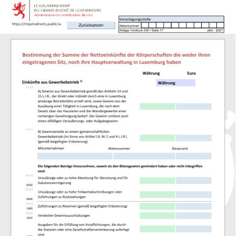 Aperçu du document Détermination du total des revenus nets des organismes à caractère collectif qui n'ont ni leur siège social, ni leur administration centrale au Luxembourg Bestimmung der Summe der Nettoeinkünfte der Körperschaften die weder ihren eingetragenen Sitz, noch ihre Hauptverwaltung in Luxemburg haben Asses — Déclarations téléchargeables au format PDF (pour les années 2021 à 2025), Luxembourg (CERFA n°NRR-D)