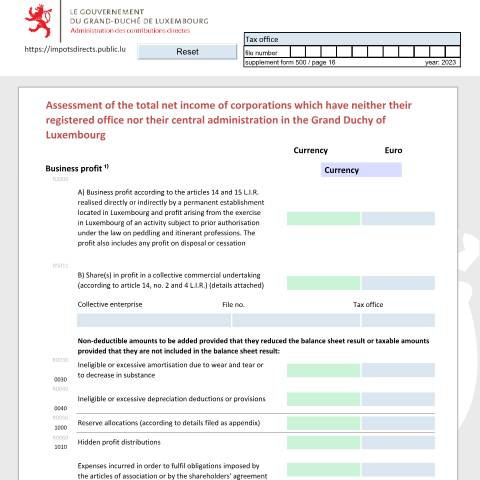 Aperçu du document Détermination du total des revenus nets des organismes à caractère collectif qui n'ont ni leur siège social, ni leur administration centrale au Luxembourg Bestimmung der Summe der Nettoeinkünfte der Körperschaften die weder ihren eingetragenen Sitz, noch ihre Hauptverwaltung in Luxemburg haben Asses — Déclarations téléchargeables au format PDF (pour les années 2021 à 2025), Luxembourg (CERFA n°nrr-e)