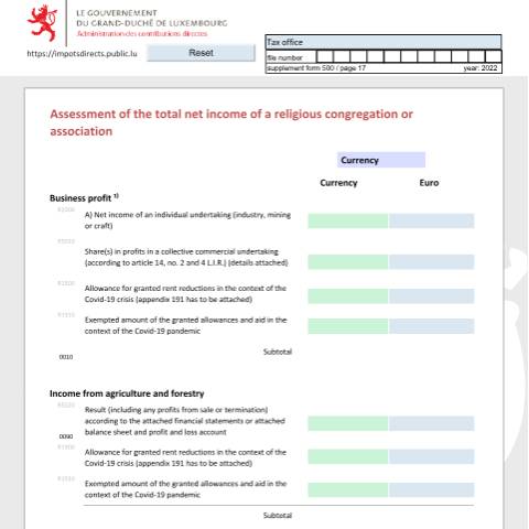 Aperçu du document Détermination du total des revenus nets d'une congrégation et association religieuse Bestimmung der Summe der Nettoeinkünfte einer religiösen Ordensgemeinschaft oder Vereinigung Assessment of the total net income of a religious congregation or association — Déclarations téléchargeables au format PDF (pour les années 2021 à 2025), Luxembourg (CERFA n°car-e)
