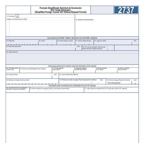 Vista previa del documento Formato Simplificado Solicitud de Devolución IVA Turista Extranjero — Año 2026, Colombia (CERFA n°F2737-2026)