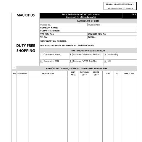 Document preview: DF 7 - Duty, Excise Duty and VAT paid invoice — Document, Mauritius (CERFA n°MRA-CUS-DR-DDF-Form11)