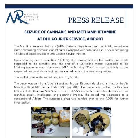 Document preview: Seizure of Cannabis and Methamphetmine at DHL Courier Service, Airport (24.07.17) — Document, Mauritius (CERFA n°PressRelease240717)