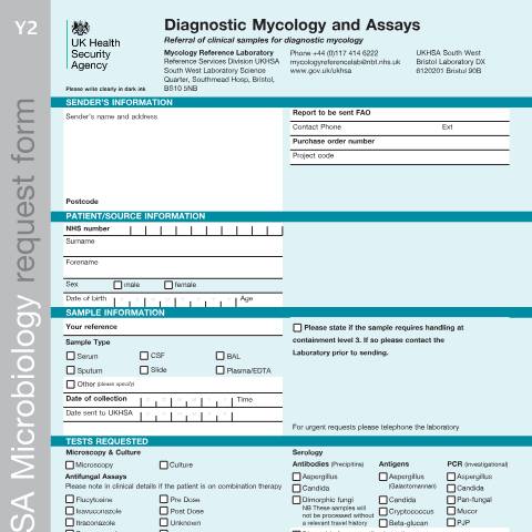 Document preview: Diagnostic mycology and assays referral form — UK Health Security Agency, United Kingdom