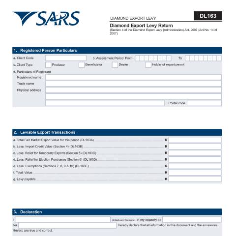 Document preview: DL 163 – Diamond Export Levy Return – External Form — PDF Forms, South Africa (CERFA n°DL 163)