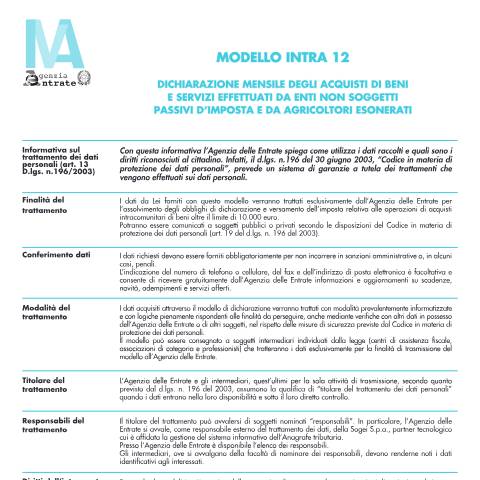 Anteprima documento Dichiarazione mensile degli acquisti di beni e servizi effettuati da enti non soggetti passivi d'imposta e da agricoltori esonerati (Intra 12) — Dichiarazioni, Italia