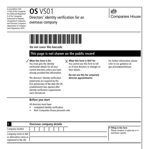 Document preview: Directors’ identity verification for an overseas company (OS VS01) — Companies House, United Kingdom