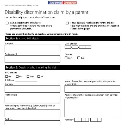 Document preview: Disability discrimination claim by a parent: Form SEND4A — HM Courts & Tribunals Service, United Kingdom