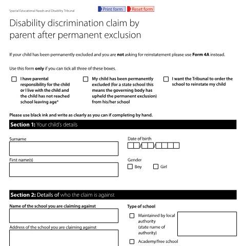 Document preview: Disability discrimination claim by parent after permanent exclusion: Form SEND26A — HM Courts & Tribunals Service, United Kingdom