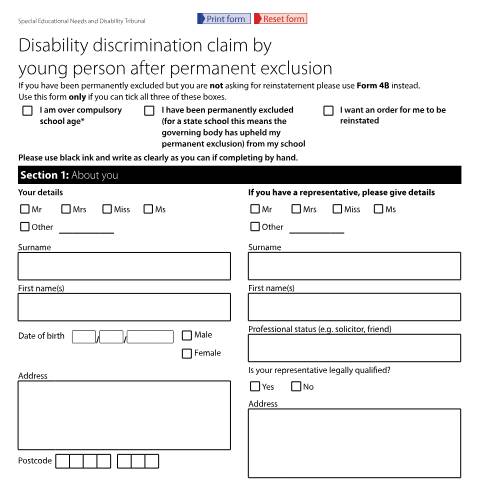 Document preview: Disability discrimination claim by young person after permanent exclusion: Form SEND26B — HM Courts & Tribunals Service, United Kingdom