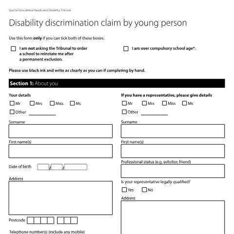 Document preview: Disability discrimination claim by young person: Form SEND4B — HM Courts & Tribunals Service, United Kingdom