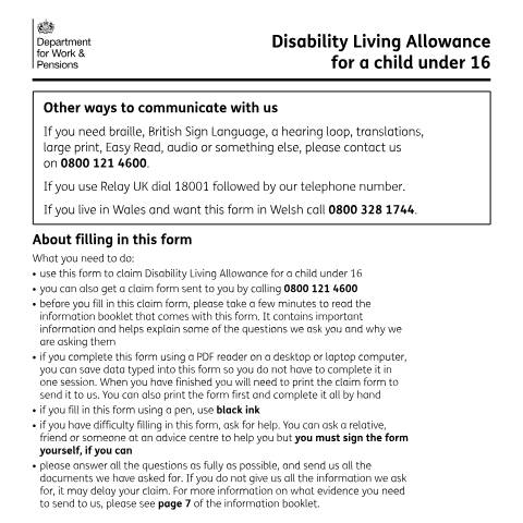 Document preview: Disability Living Allowance (DLA) for children claim form — Department for Work and Pensions, United Kingdom