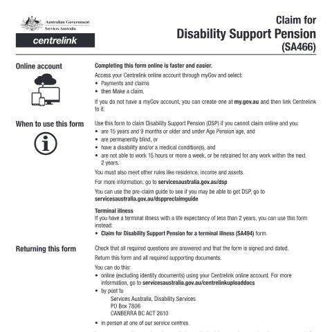 Document preview: Claim for Disability Support Pension — Services Australia — Individuals (by code), Australia (CERFA n°SA466)