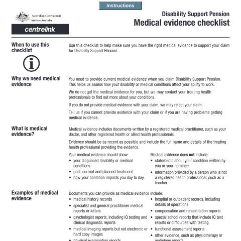 Document preview: Disability Support Pension Medical Evidence Checklist — Services Australia — Individuals (by code), Australia (CERFA n°SA473)