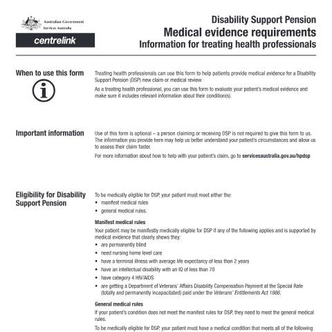 Document preview: Disability Support Pension Medical Evidence Checklist for treating health professionals form (SA478) — Services Australia — Health professionals, Australia (CERFA n°SA478)